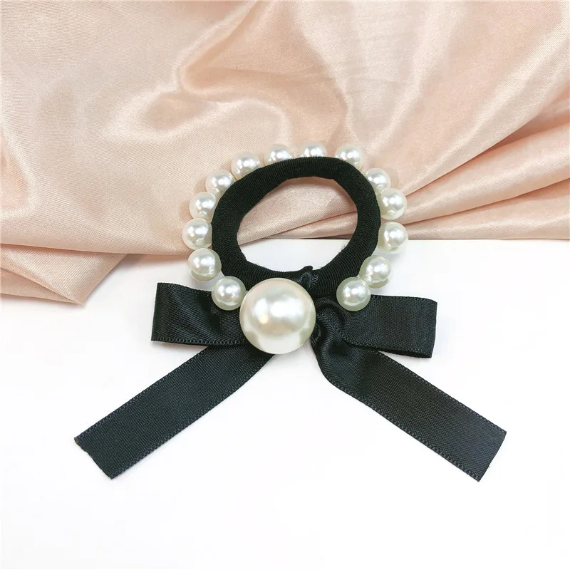 Beautiful Pearl Hairbands for Woman Strong Elastic Band Black Ribbon Hair Ropes Ponytail Decorations