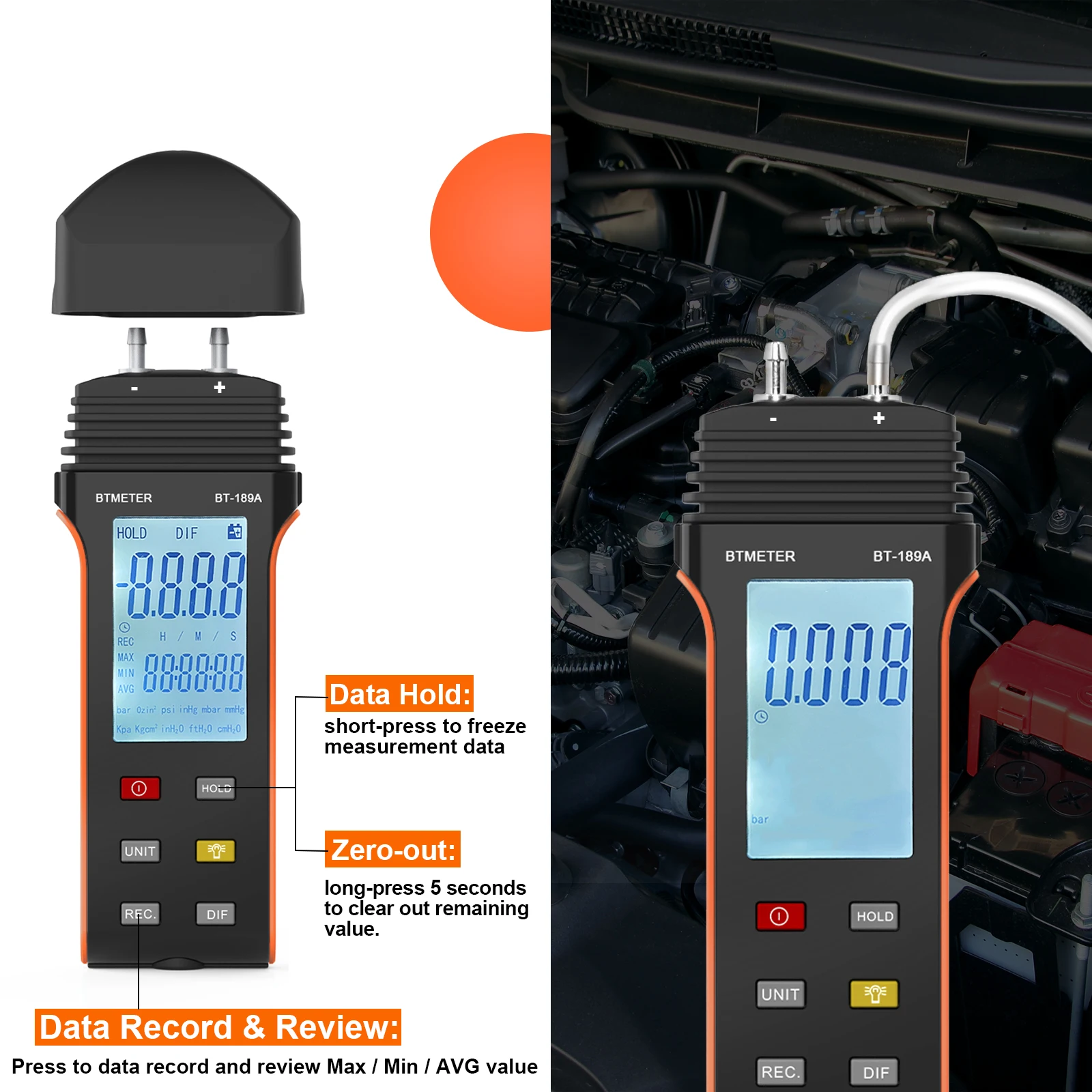 Digital Differential Pressure Gauge, BT-189A, Differential Pressure, Positive and Negative Pressure, Clear reading