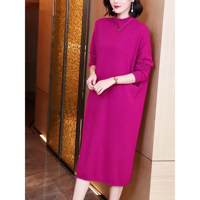 Robe tricotée Rose rouge pour femmes, nouveau Style à la mode, ample et amincissante, robe pull au-dessus du genou, automne et hiver