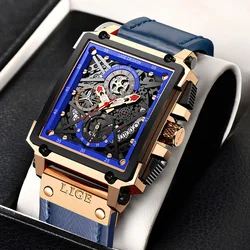 2024 New LIGE Men Watches Top Brand Luxury Hollow Square Sport Watch For Men Fashion Leather Strap Waterproof Quartz WristWatch