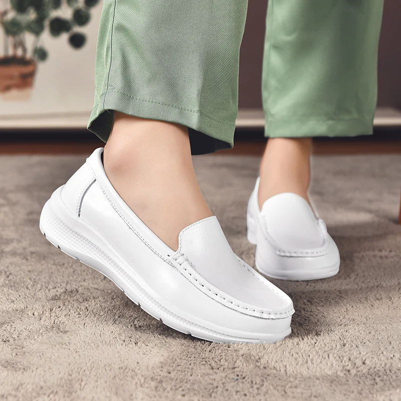 STRONGSHEN Women Flat Shoes Leather Loafers Soft Sole White Nurse Shoe Ladies Office Anti-Skid Casual Hollw Out Work Shoes