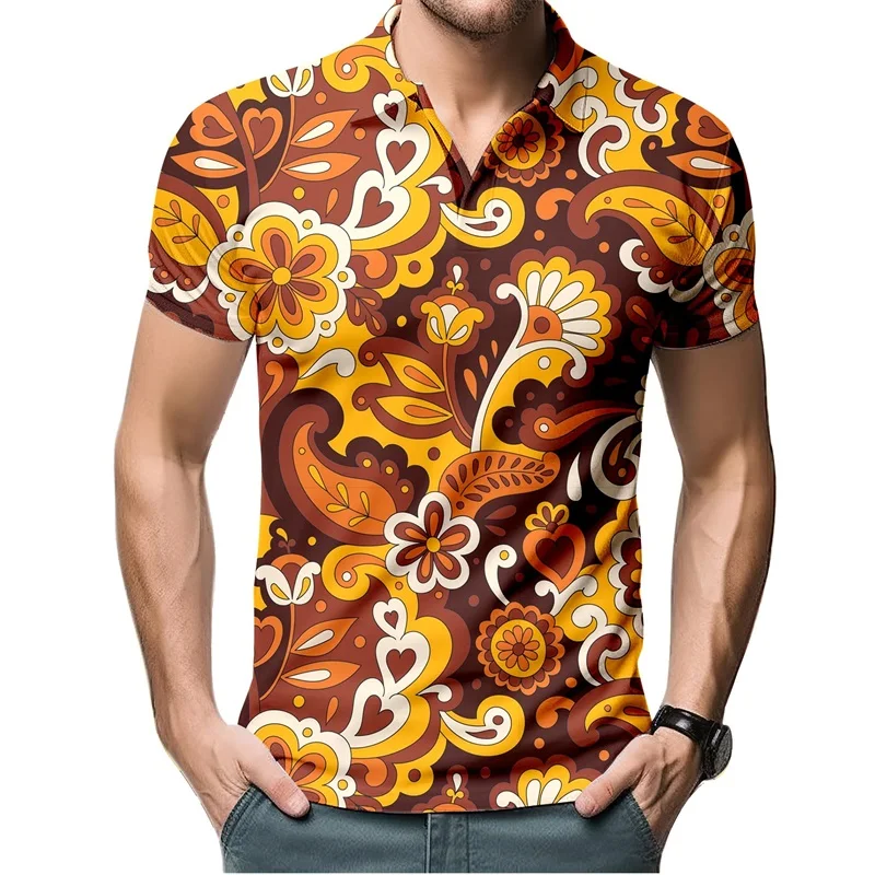 Mens Golf Polo Shirts 3d Print Flower Pattern Short Sleeve Button Polo Shirt Clothes Mens Oversized Casual Tee Shirt For Men