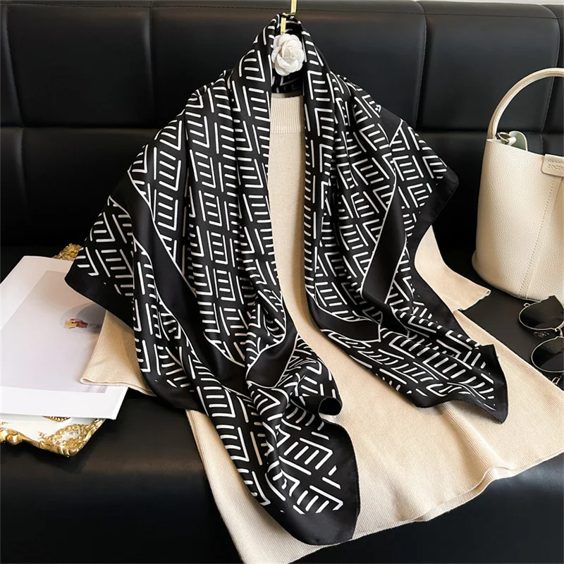 French Light Luxury Letter Print Silk Scarf 90cm Twill Scarf Advanced Simple Large Square Scarf Sunscreen Shawl Headscarf Female