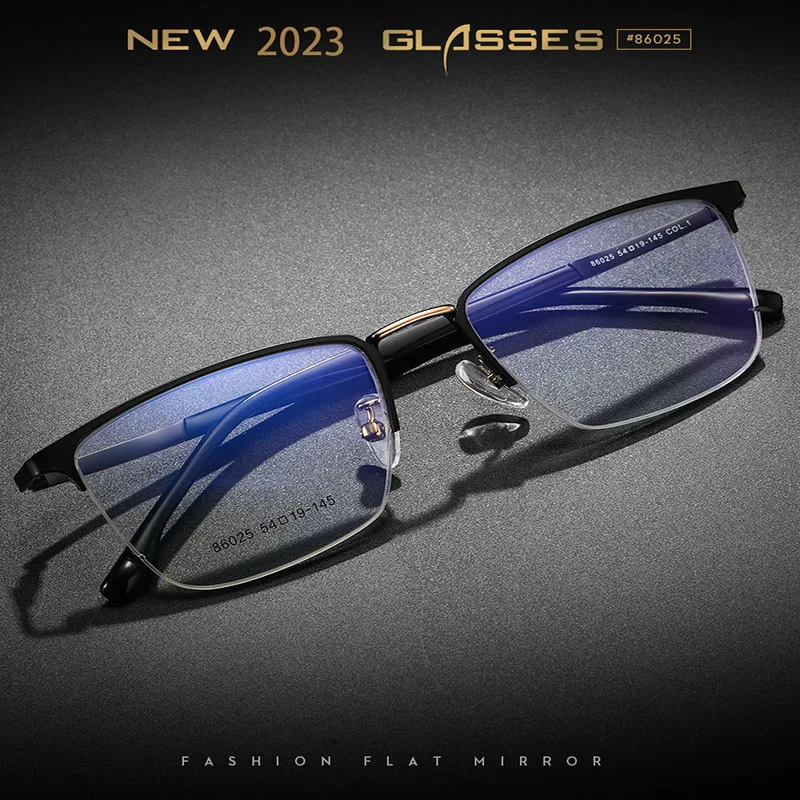 

86025 Men's latest retro business eyebrow shape half frame glasses, spring leg metal alloy ultralight optical glasses frame