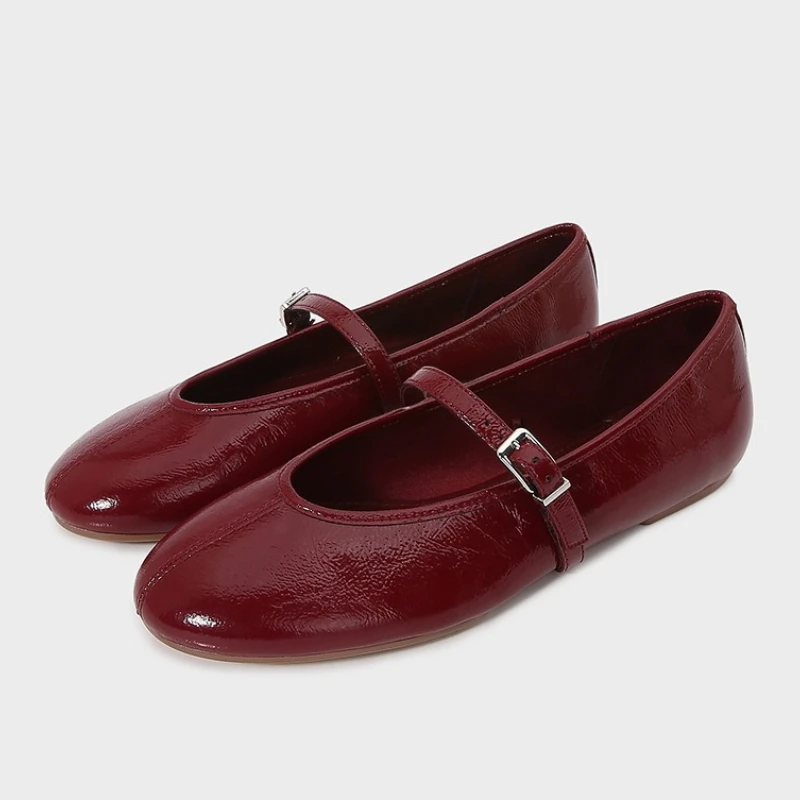 

Red Patent Leather Flat Sandals Women Round Toe Buckle Ballet Flats Women Comfort Shallow Higher Quality Plus Size Designer Shoe