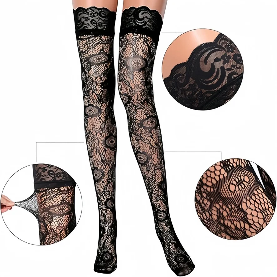 New Women's Fashion Plus Size Large Black Fishnet Lace Thigh High Stockings Non-Slip Girls Over The Knee Long Socks Female 3XXXL