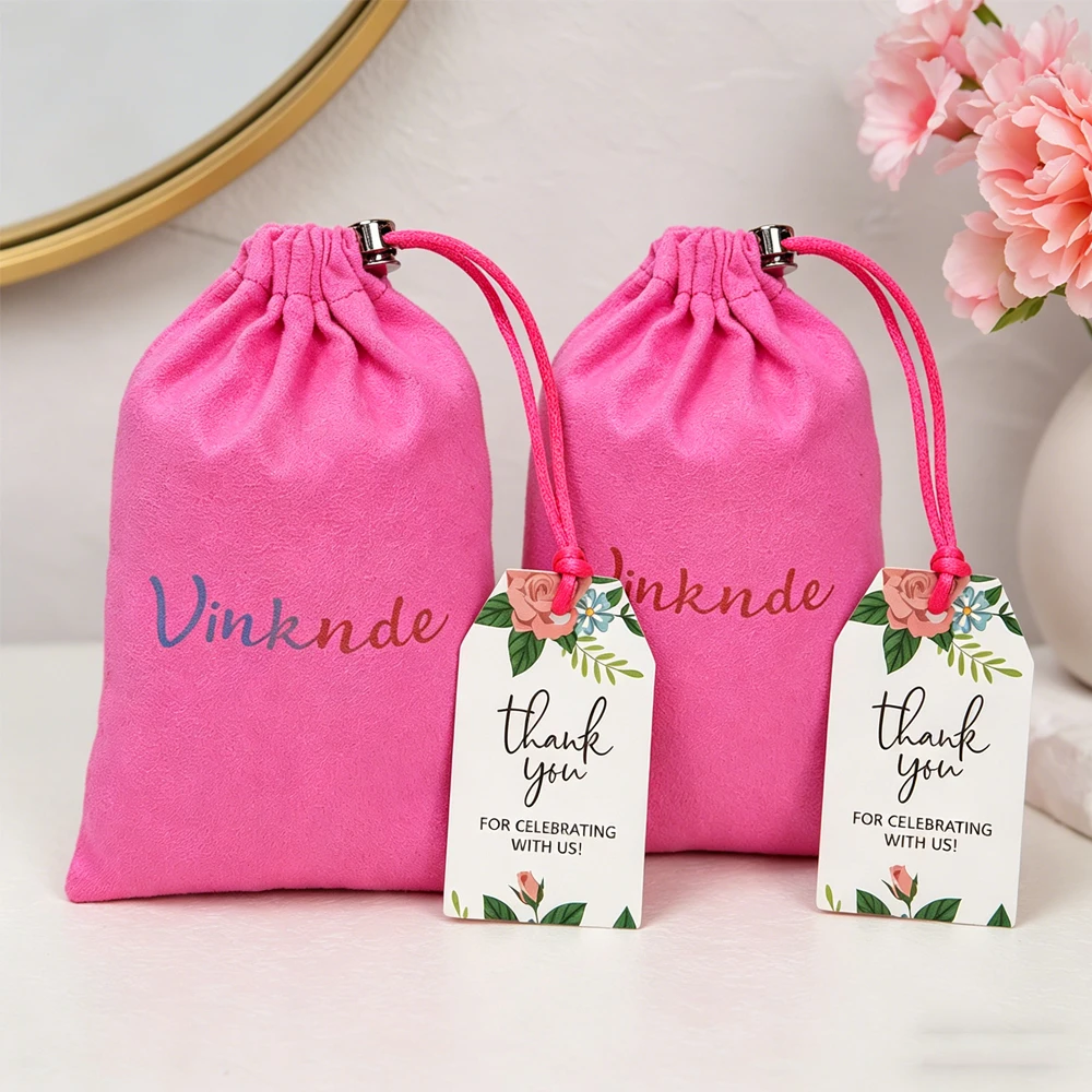 

100Pcs Customized Luxury DIY Rose Velvet Drawstring Gift Bags with Metal snap buckle Paper Card For Jewelry Watches Headset Key