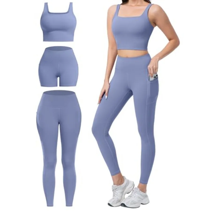

3 Pcs Workout Sets for Women High Waisted Leggings with Pockets Tummy Control Biker Shorts Yoga Sports Bra