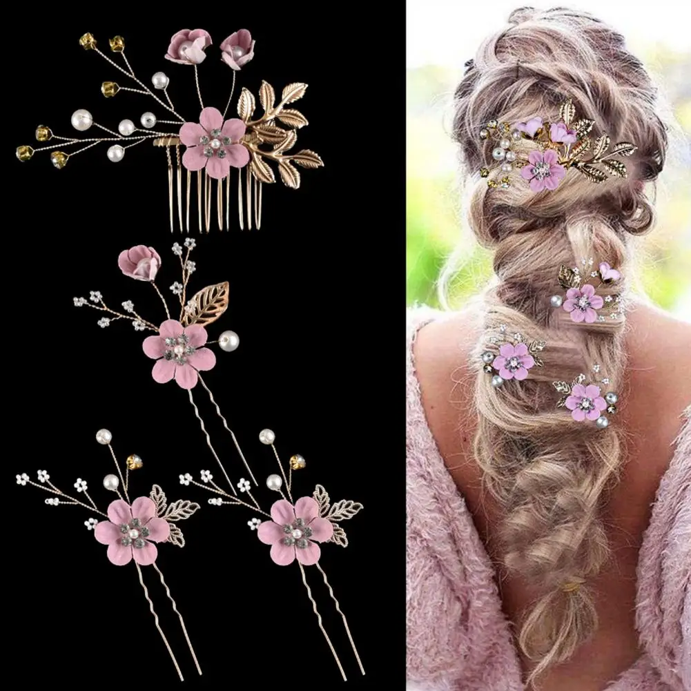 Wedding Hairpins Bridal Hair Accessories Elegant Faux Pearl Flower Hairpins Side Comb Set for Wedding Bride Golden Leaf Shaped