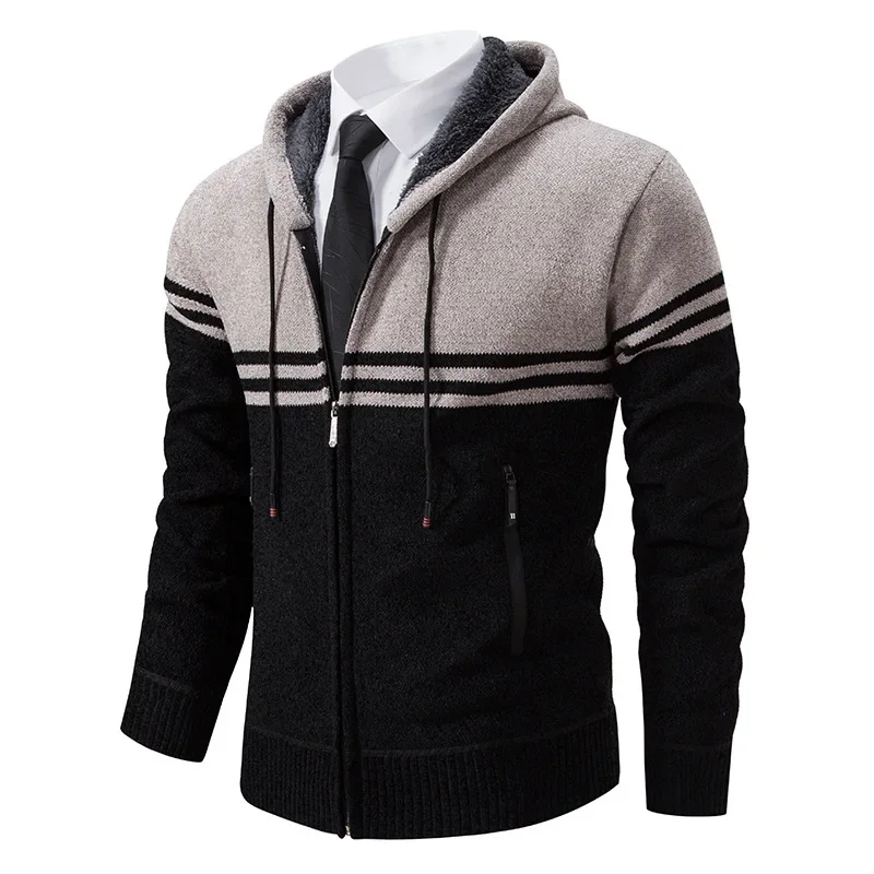 Casaco de lã grosso com capuz masculino, suéter quente, gola alta, zíper, casaco listrado, moda casual, novo, inverno