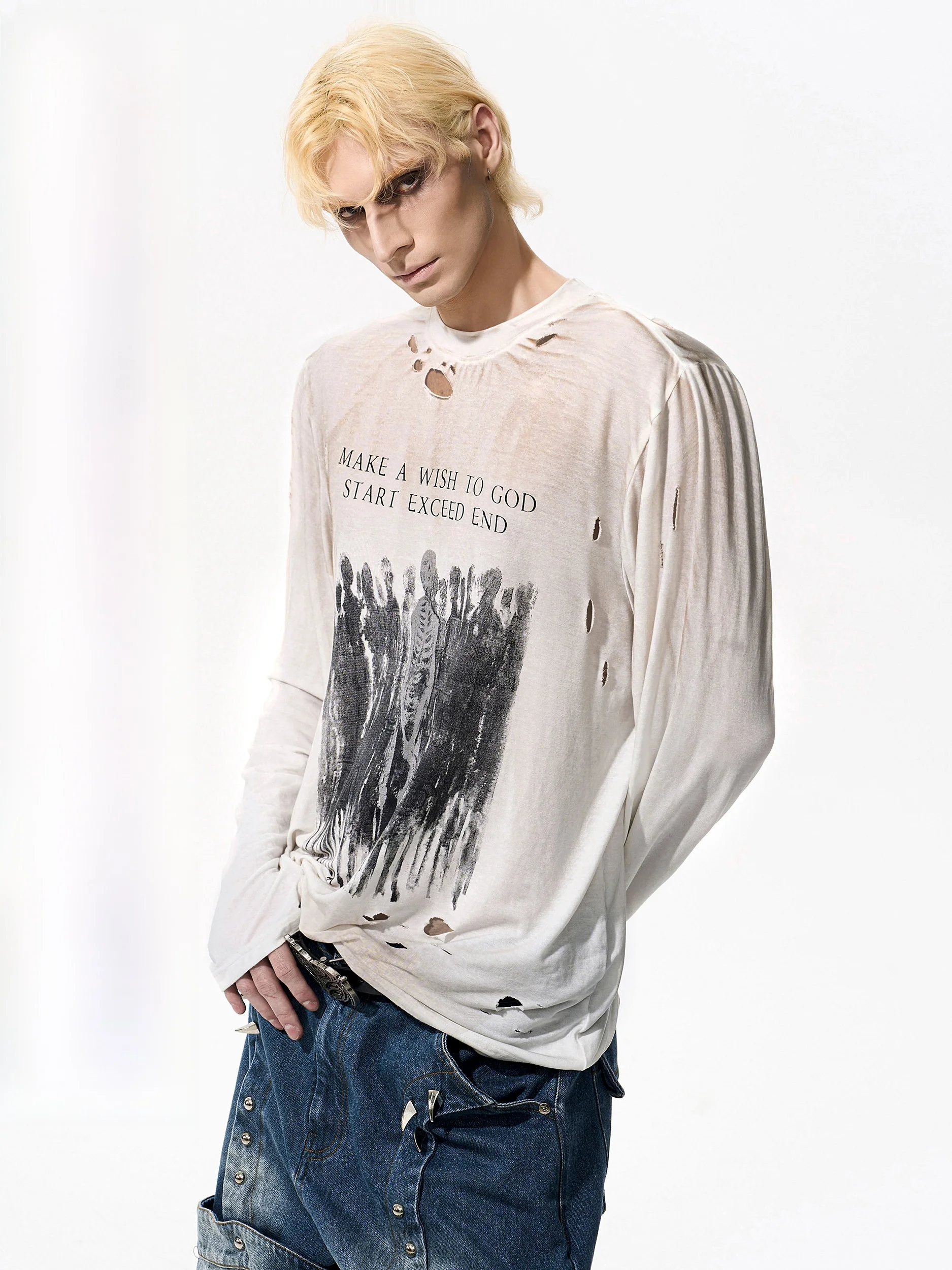 

Мужская футболка с длинным рукавом Start Exceed End с принтом черепа, эффектом потертости и брызг, в американском стиле, повседневная, удобная, дышащая