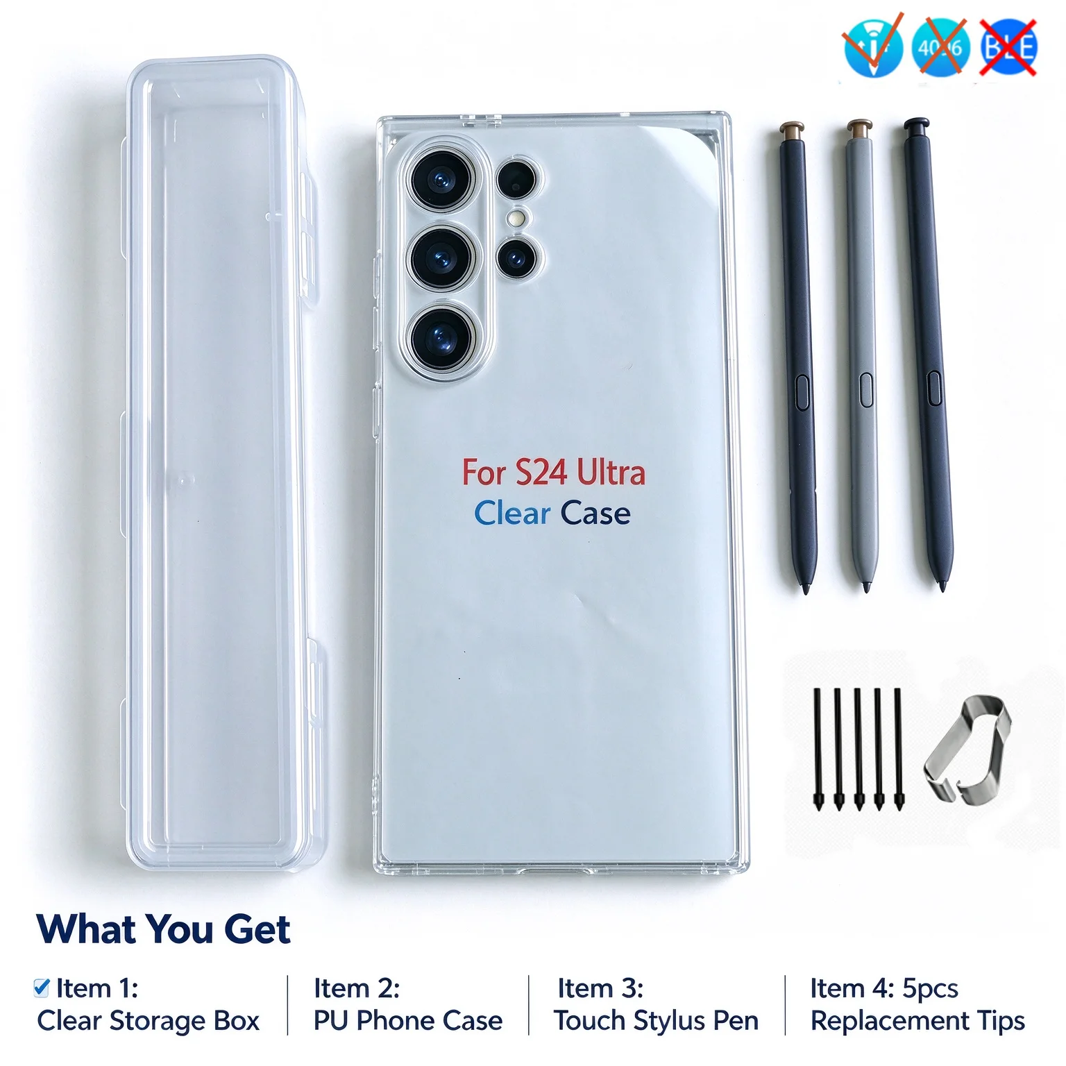 S Pen Stylus Replacement for Samsung Galaxy S24 Ultra, Non-Bluetooth, 5pcs Durable Tips, Clear TPU Case with Pen Storage Box