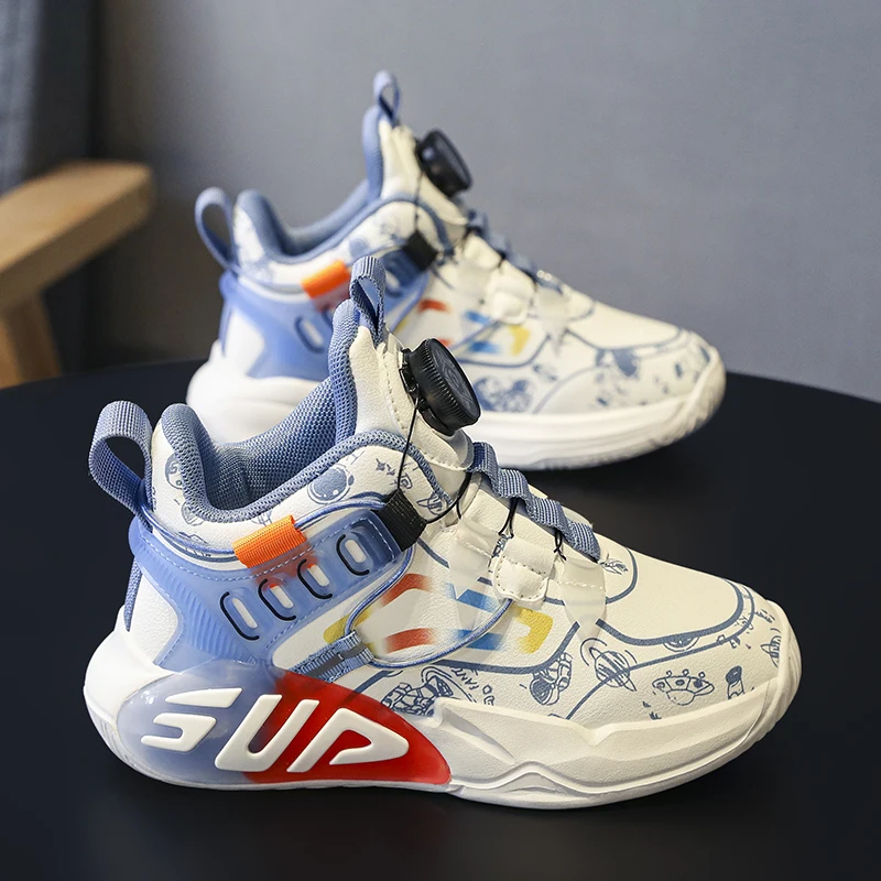 

2025 New Boys Brand Basketball Shoes with Rotating Buckle Children's Sports Shoes Light Comfortable Kids Casual Walking Shoes