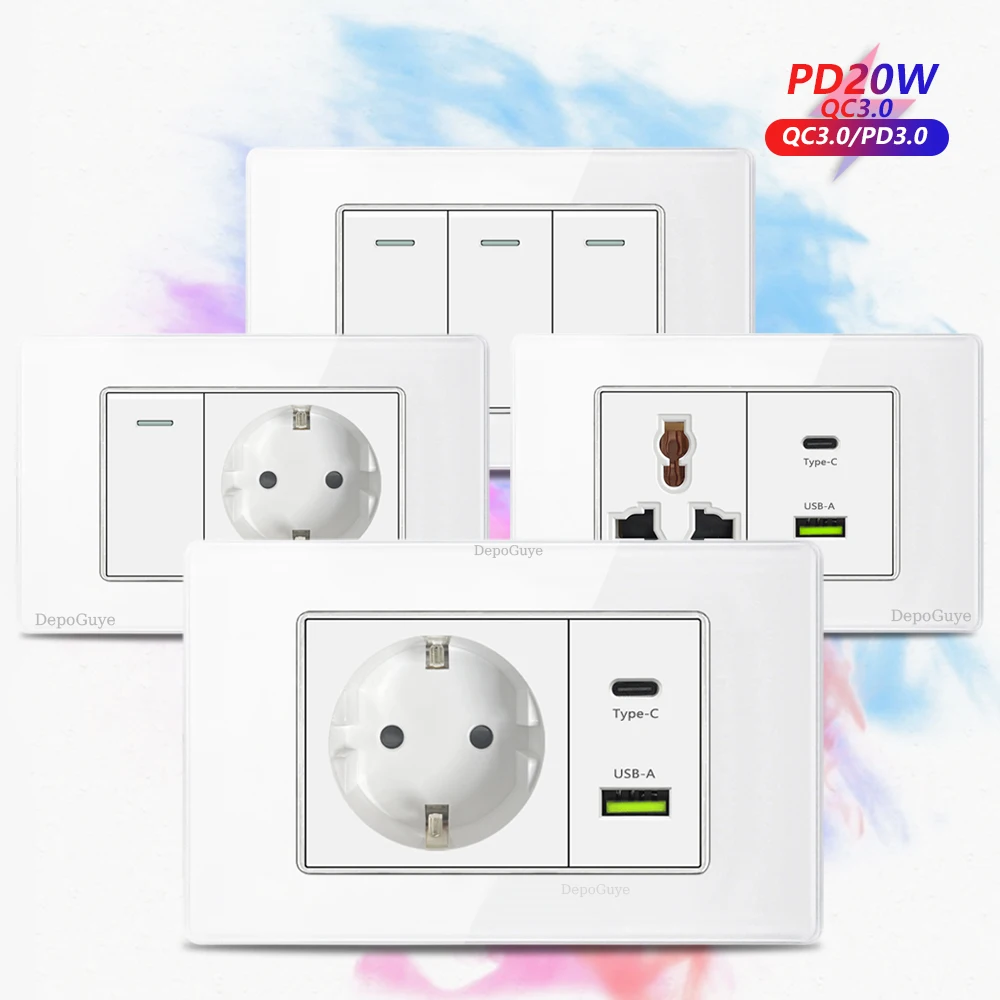 

Белая панель из закаленного стекла, настенный выключатель, кулисная кнопка, розетки европейского стандарта, быстрая зарядка, розетка для телевизора CAT6, 118*75 мм, 16 А, AC110-250 В