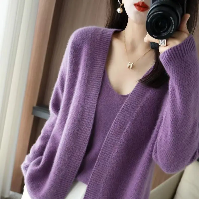 Two Piece Set for Women 2023 Autumn Winter Korean Fashion Solid Elegant Knitted Cardigan Simple V Neck Loose Sweater Vest Outfit