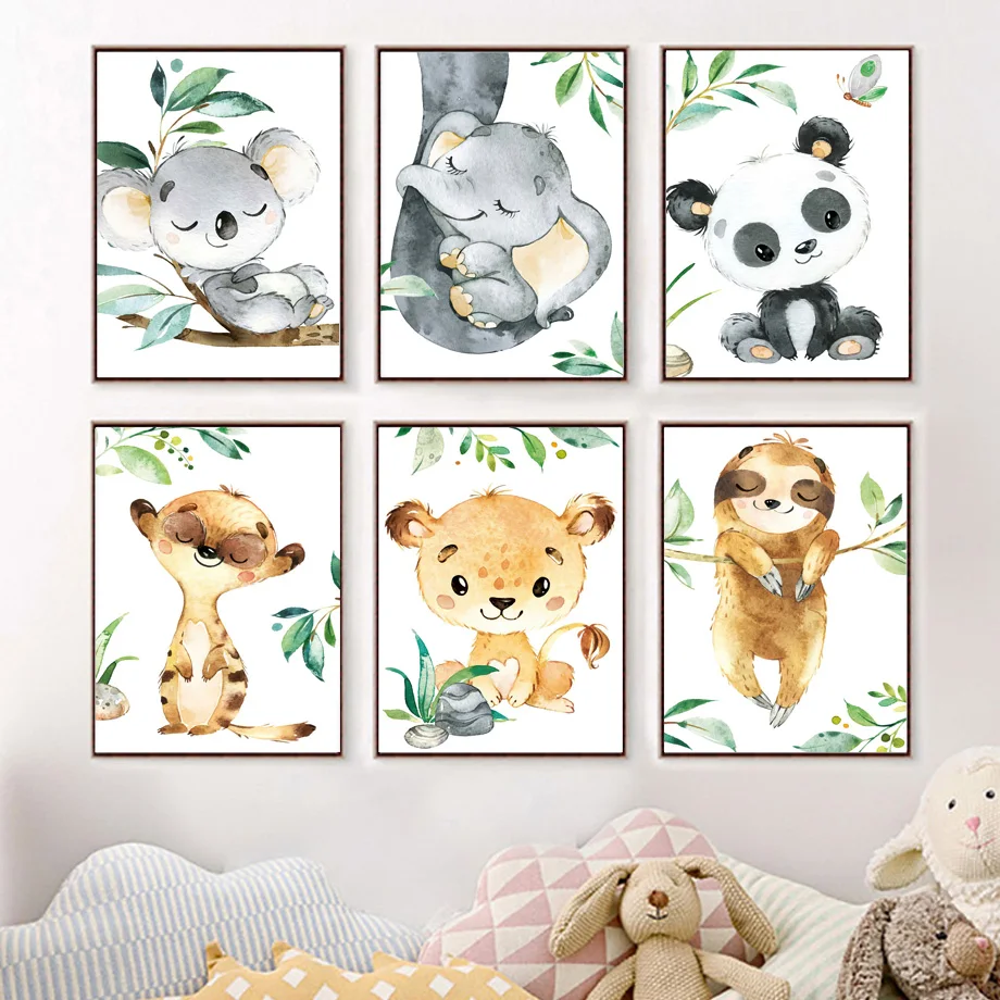 

Jungle Animals Poster Panda Elephant Lion Canvas Painting Nursery Wall Posters Boho Wall Pictures Kids Baby Room Decoration