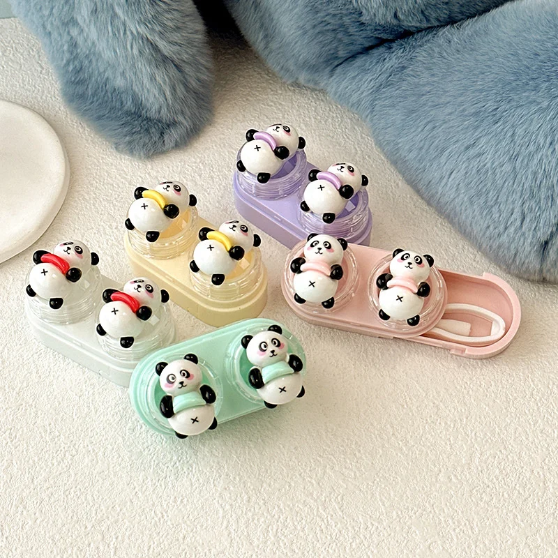 Panda Plastic Contact Lens Cases Simple Oval Portable Eye Contacts Lenses Holder Box Case With Tweezers Remover Tools