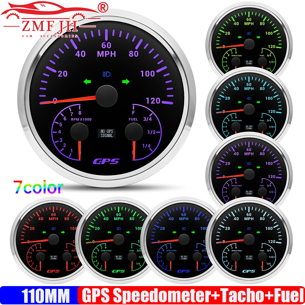 3IN1 110MM Multi-Meter 0-120MPH GPS Speedometer+Tachometer+Fuel Level Gauge 0-190ohm High Beam Marine Car Boat 7 Color BACKLight