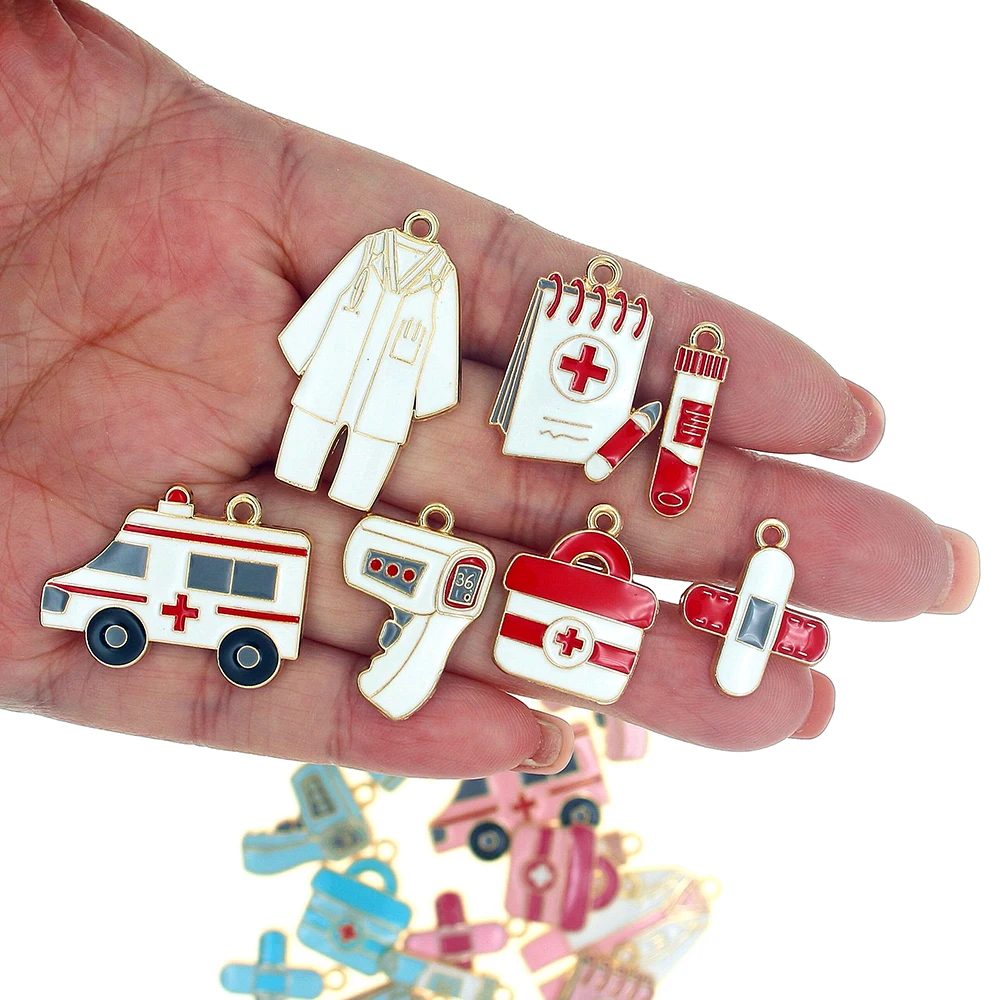 10pcs/lot Doctor Nurse Suit Ambulance Thermometer Syringe Enamel Charm Metal Earring Pendant For DIY Keychain Jewelry Finding