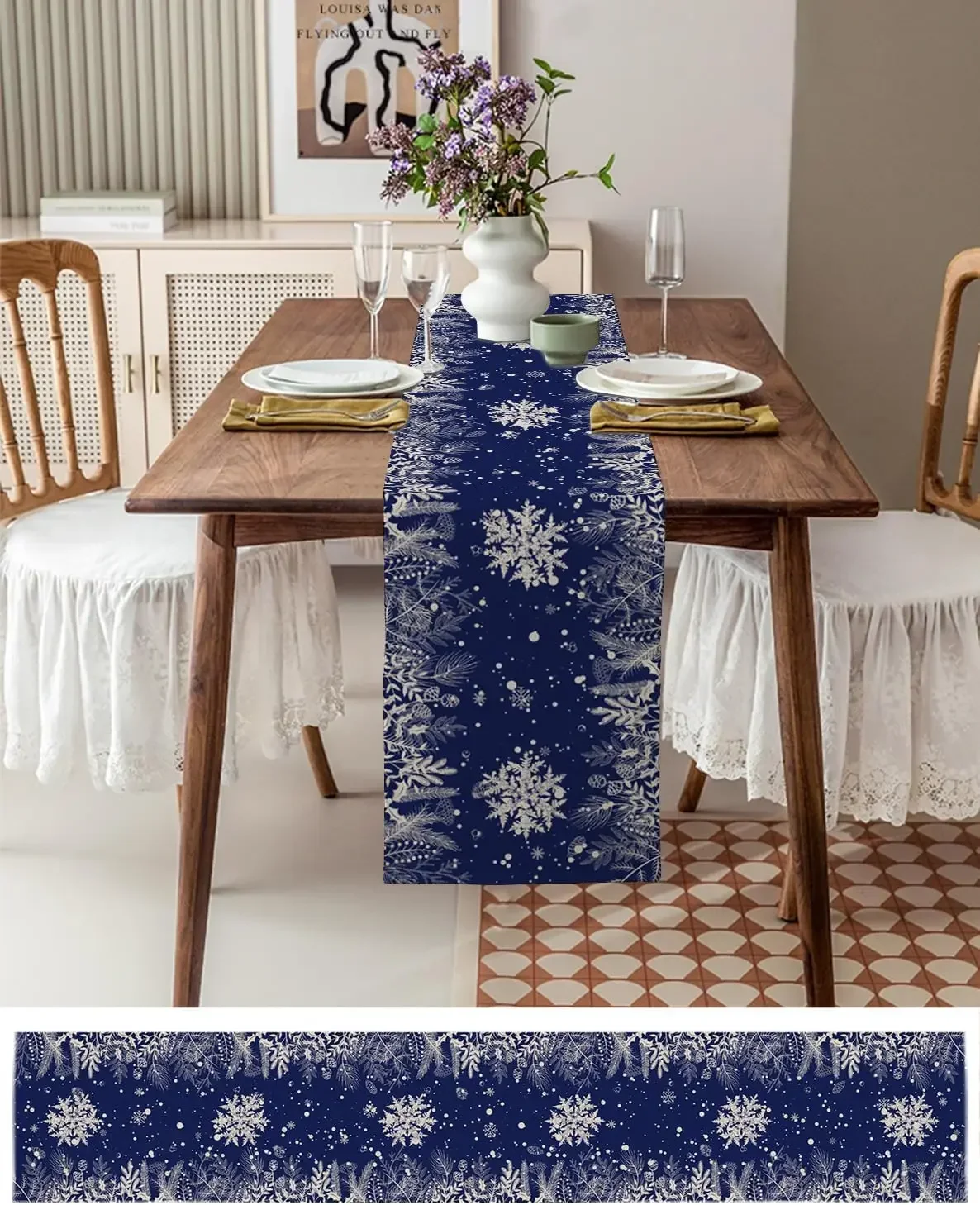 Christmas Snowflake Blue Table Runner Dresser Scarf Decor Washable Winter Kitchen Dining Table Runner Christmas Decor 33x183cm