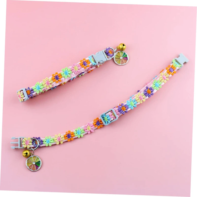 Fashion Rainbow Flower Cat Collar With Bell Kitten Puppy Necklace Adjustable Buckle Colorful Lace Kitten Collar Dog Accessories