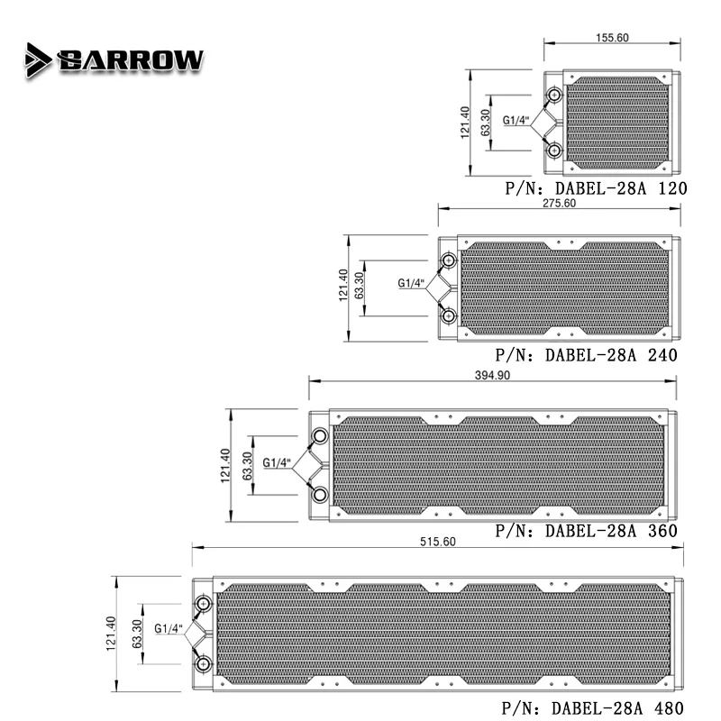 Dabel-28a Radiator Barrow 28mm tembaga tebal G1/4 "benang putih untuk kipas 12cm, pendingin air Radiator komputer 240/360MM