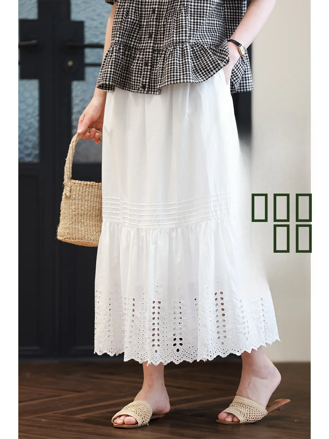 

Юбка миди с высокой талией из чистого хлопка, с ажурными вставками и кружевом, прямого кроя, плиссированная, для женщин, повседневная, тонкая