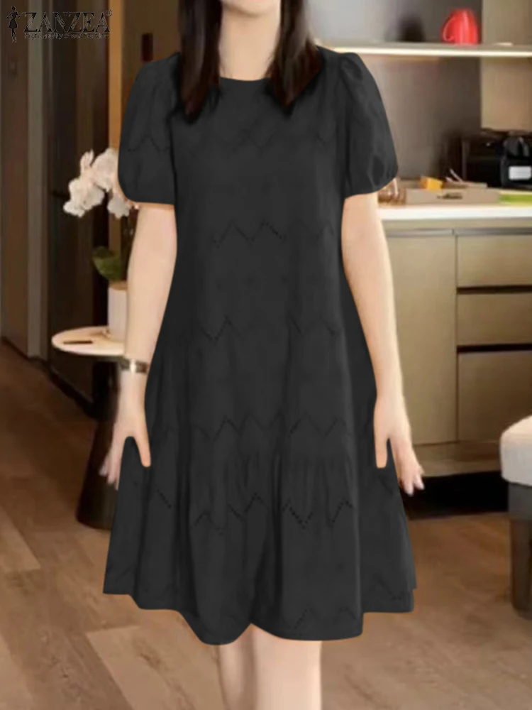 Elegant Lace Crochet Dress 2025 ZANZEA Summer Women Short Puff Sleeve Party Work Vestidos Casual Loose Holiday Midi Sundress