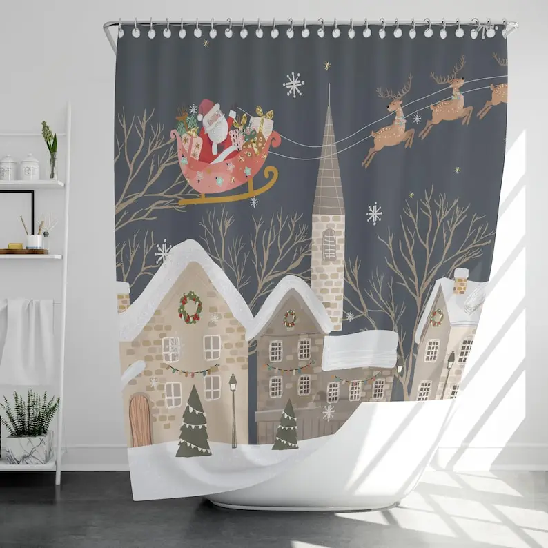 Santa Sleigh Shower Curtain, Christmas Bathroom Decor with Reindeer and Snowy Village, Festive Holiday Style