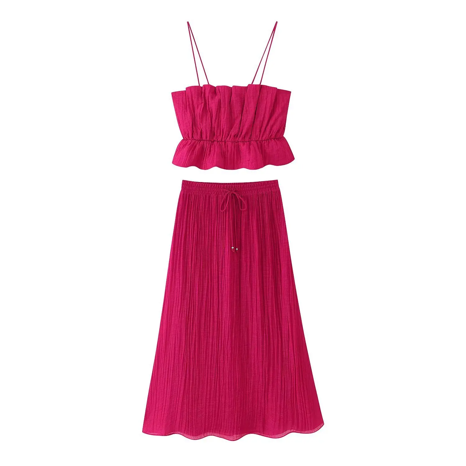 

Woman's Elastic Suit Spaghetti Straps Backless Pleated Cropped Vest High Waist A-line Skirt Holiday Style Summer Chic Suit