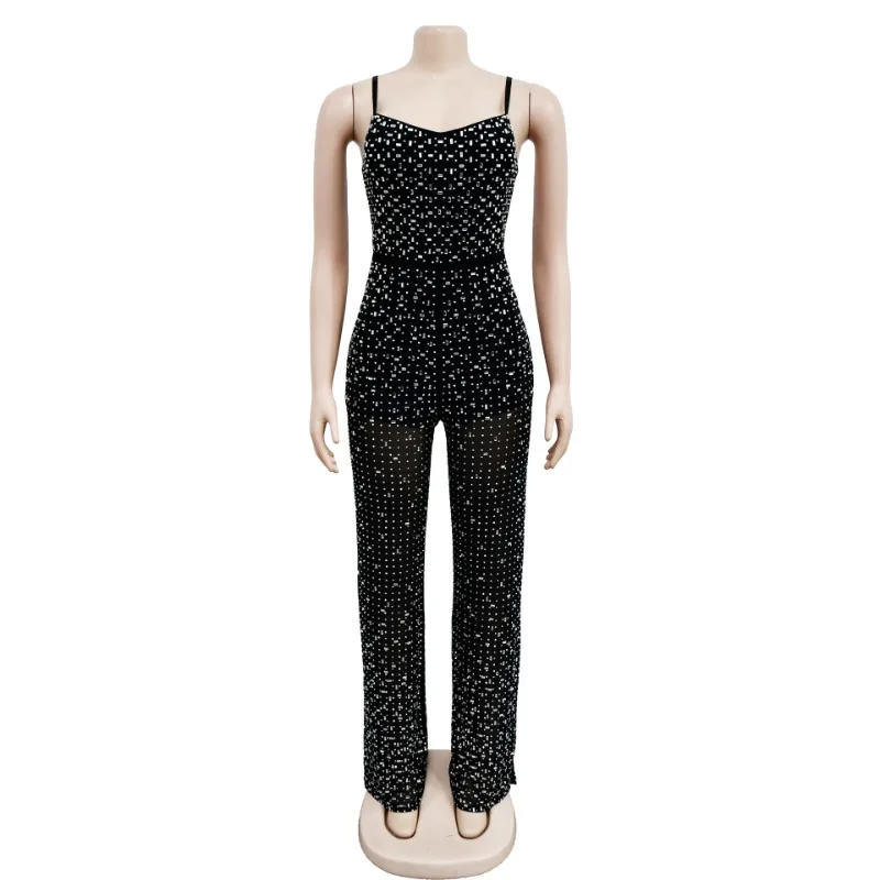 Moda mujer diamantes cristal taladro caliente sin mangas mono de pierna ancha 2025 Chic Sexy fiesta mameluco conjunto de una pieza mono