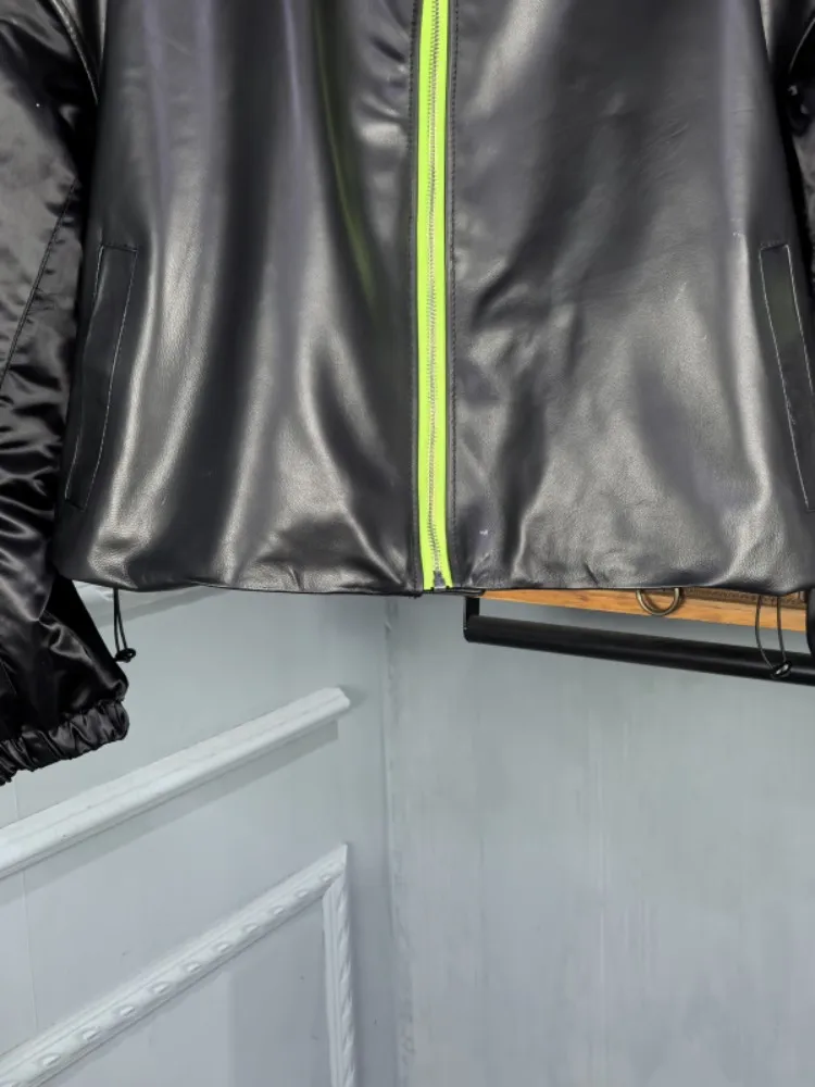 Office Ladies Genuine Leather Mixed Color Zipper Short Jacket Loose Sheepskin Long Sleeves Pocket Elastic Waist Top Quality Coat