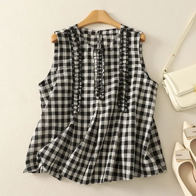 Well-designed Tank Tops O-neck Casual Korean Style Crop Tops Classy Aesthetic Pleated Design Shirts 2026 Summer Women Clothing