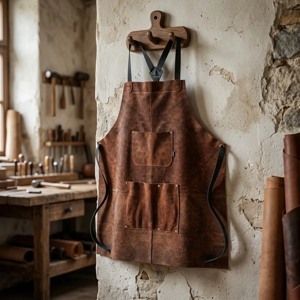 Brown Leather BBQ Apron A-Grade Split Cowhide Heat Resistant 80x66.5cm With Front Pocket Adjustable Straps For Outdoor Camping