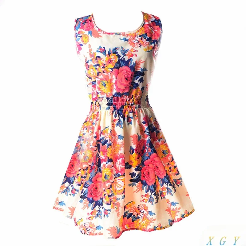 Casual flor primavera verão vestido feminino casual floral sem mangas colete impresso praia chiffon vestido roupas femininas moda vestido