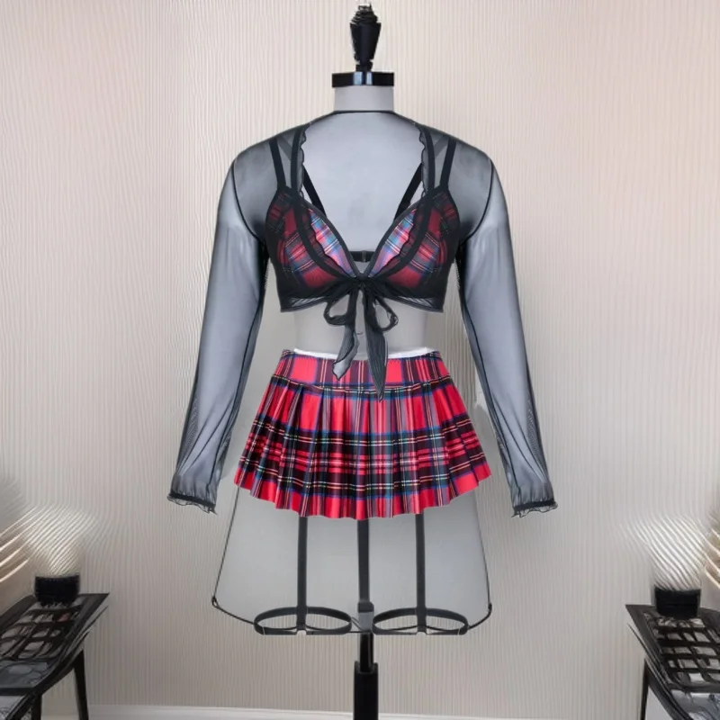فستان نسائي أنيق مثير مقاس كبير شبكي شفاف للعب الأدوار مقاس كبير من قطعتين ملابس داخلية للتلميذة