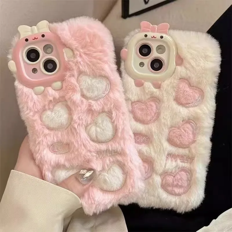 

Monster Lens Pink Plush Love Case For iPhone 15 14 13 12 11 Pro Max Shockproof Plush Cover