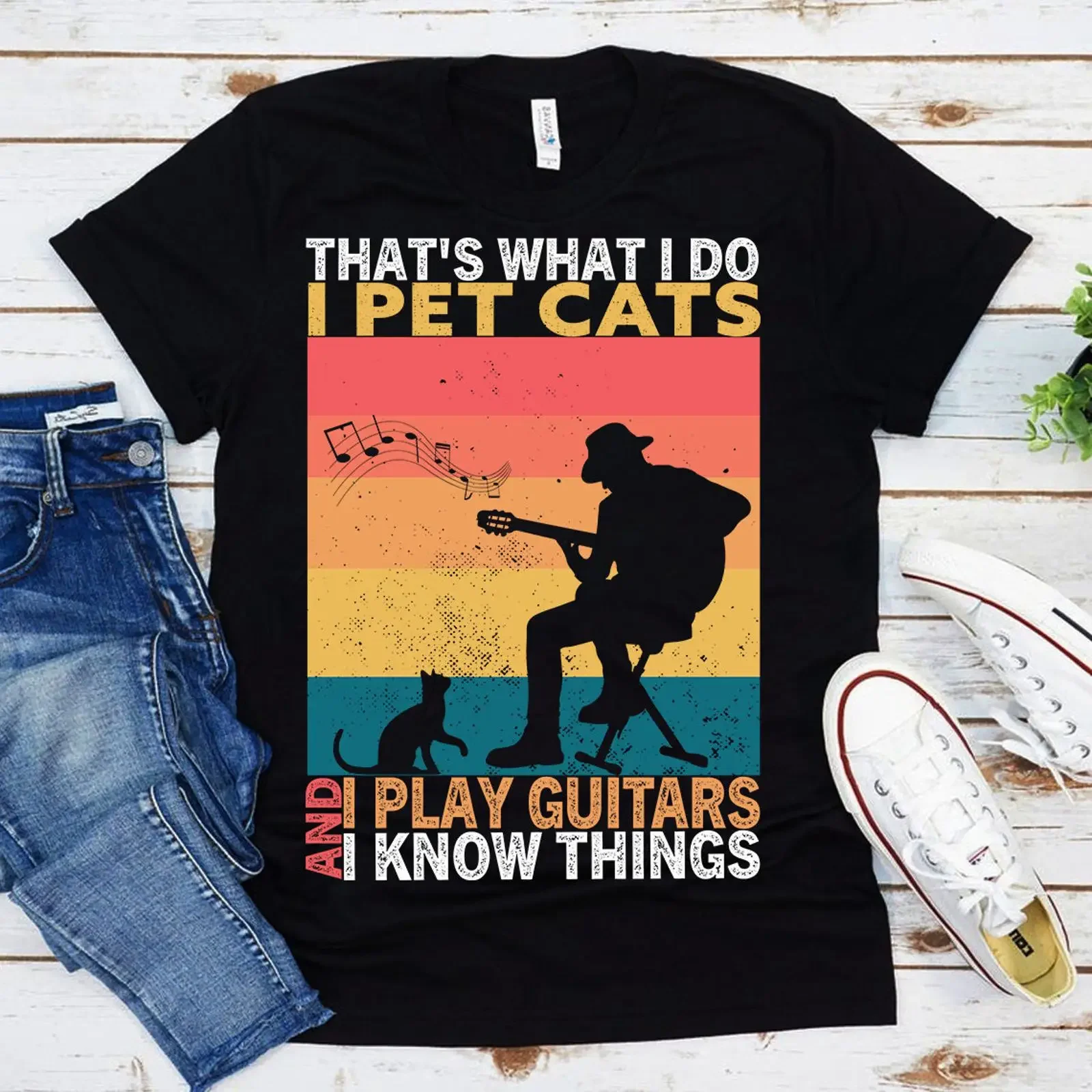 That's What I Do Pet Cats Play Guitars Know Things T Shirt Funny for Guitar Player Cat Owner Vintage Casual vintage Washed
