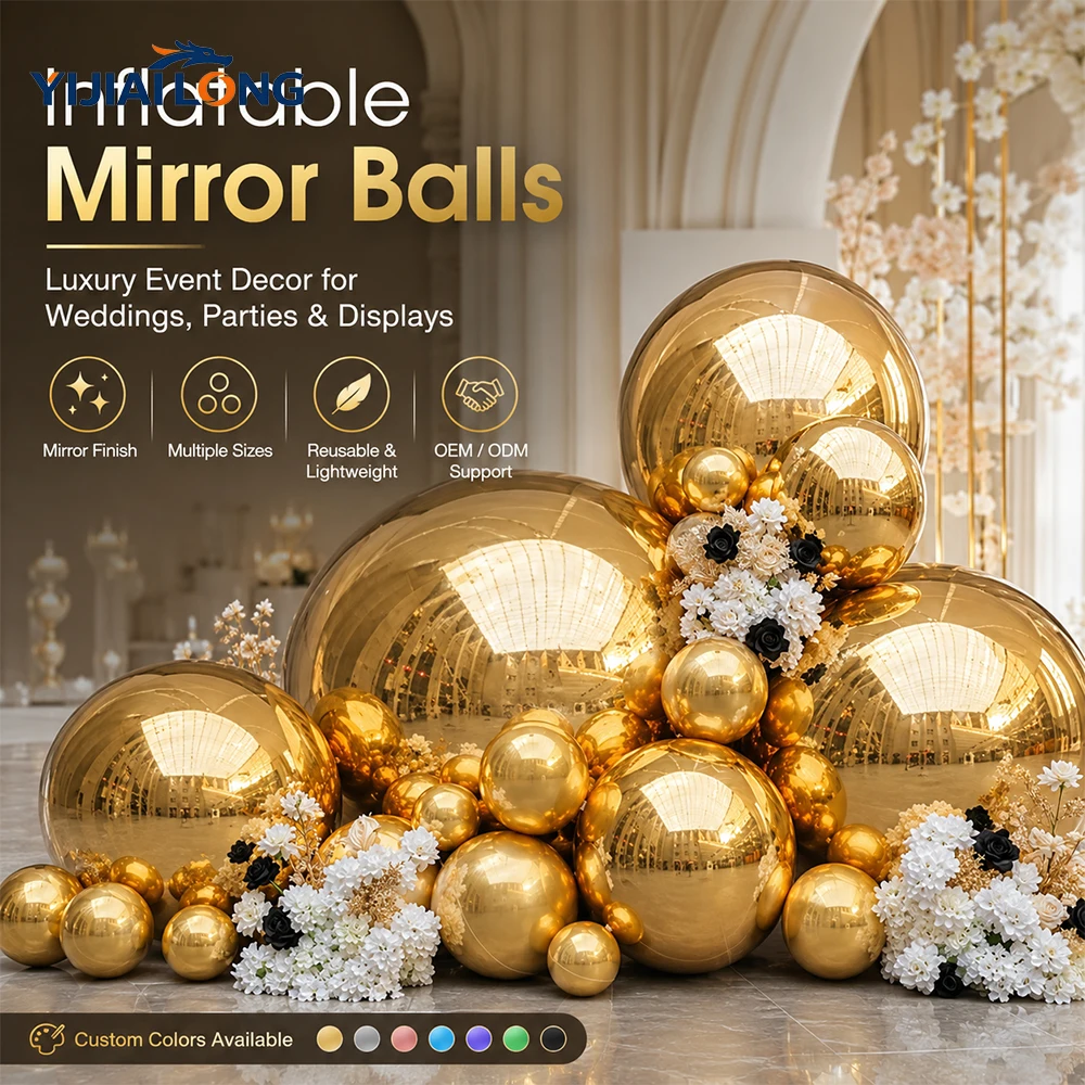 6PCS Inflatable Disco Mirror Ball, Giant PVC Airtight Shiny Hanging & Standing Reflective Balloon, Gold  Metallic Sphere Balloon Ball  for Wedding, Party, Stage Event Decoration