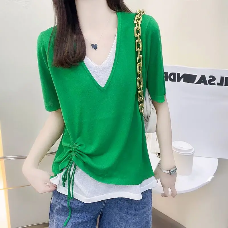 

Fashion Loose Spliced Bandage Bow Shirring Blouse Female Clothing 2023 Summer New Casual Pullovers Fake Two Pieces Korean Shirt