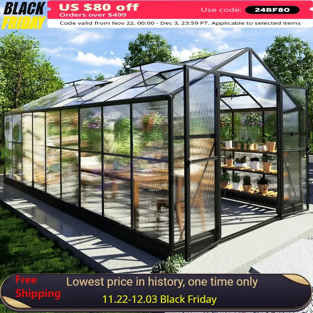 8x18x7FT Polycarbonate Greenhouse, Walk in Greenhouse with Quick-Connect System, Green House with 4 Windows, Greenhouses