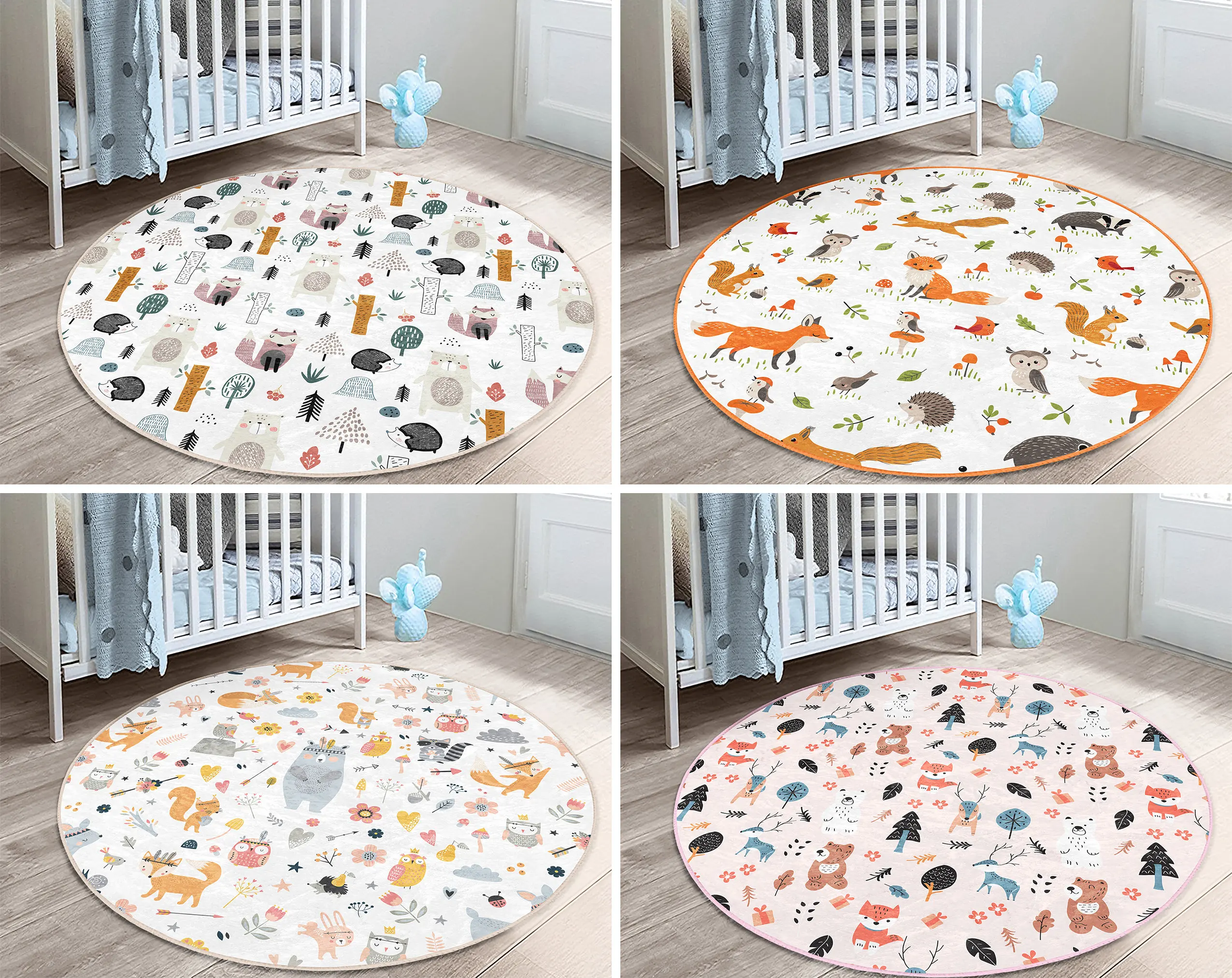 Fox Round Rug Animals Floor Carpet Southwestern Non Slip Circle Rugs Owl Anti Slip Mat Toddler Area Rugs Pink Rug For Kid's Room