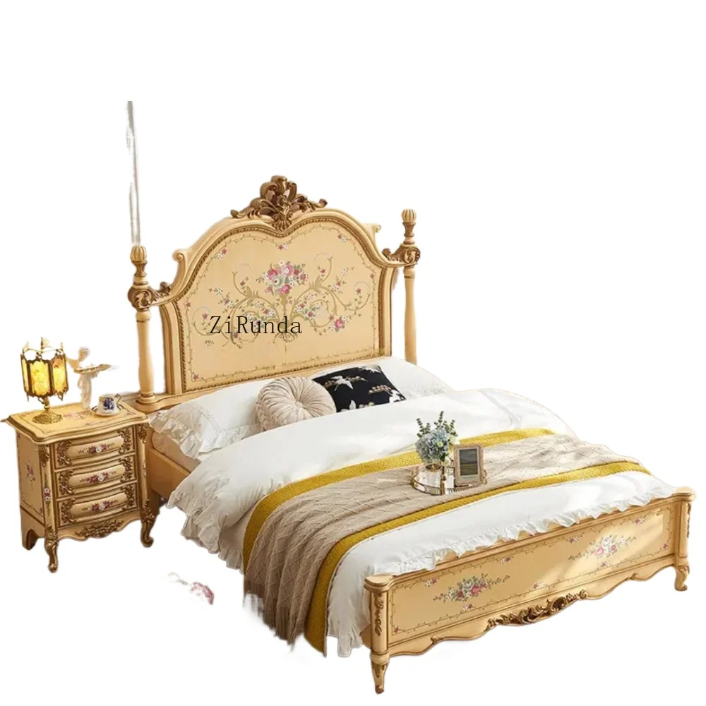 European antique style queen wooden bed set with floral pattern and storage drawers, bedroom furniture