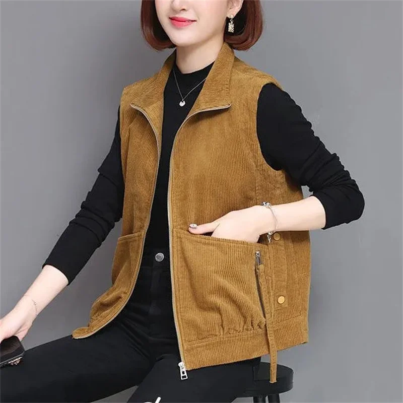 

Corduroy Casual Vest Women's 2025 Spring Autumn New Short Standing collar Sleeveless Jacket Fashion Female Zipper Outwear Top