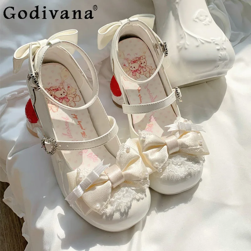 

Sweetheart Girl Japanese Original Lolita Bow High Heels Round Toe Chunky Heel JK Uniform Doll Style Mary Jane Shoes