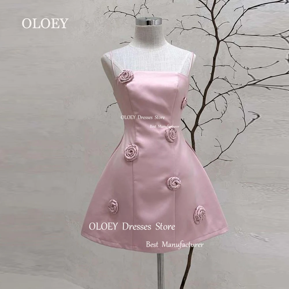 

OLOEY Elegant Strapless Pink Short Cocktail Dresses 3d Flowers Wedding Party Dresses Spaghetti Straps Formal Prom Gowns Zipper