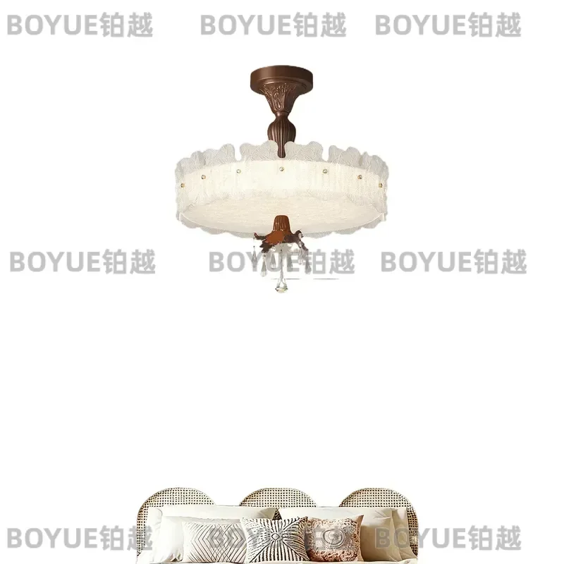 for Medieval Retro Brown Wood Carving Flower Ceiling Lamp with Ruffle Leaf Edge Crystal Pendant French Cream Bedroom Eye