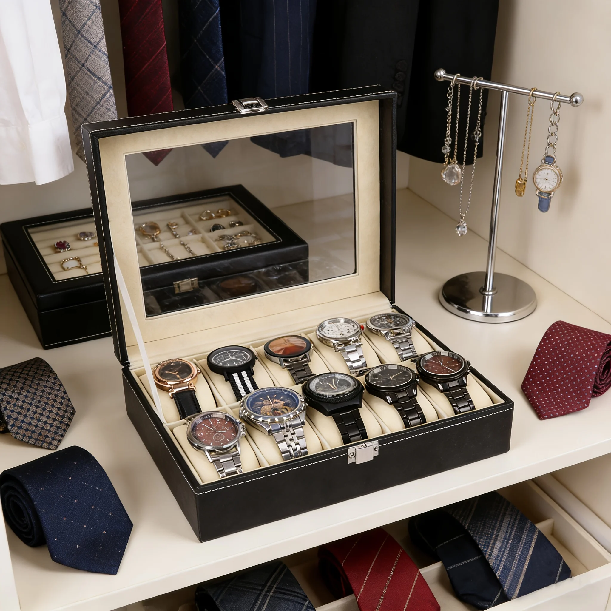 10/3 Slot Watch Box, Stores Multiple Watches, Suitable for Watches of Various Sizes, with Shock-absorbing Foam Cushions