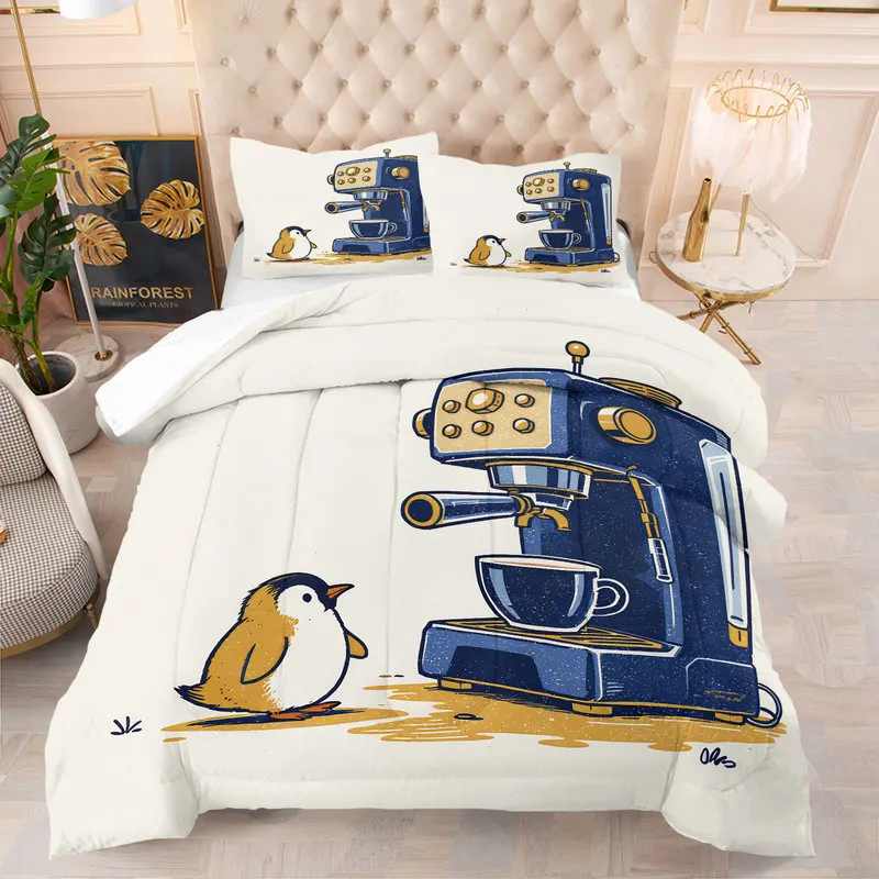 Unique Cartoon Penguin Comforter Set Retro Coffee Machine Print Bedding Set Cozy Soft Quilt Set Funny Stylish Bedroom Home Decor
