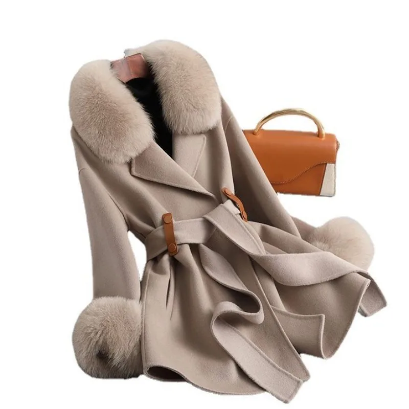 2025 autumn and winter new fox  collar Gao Rui double-sided cashmere coat women's medium and long wool double-sided tweed coat